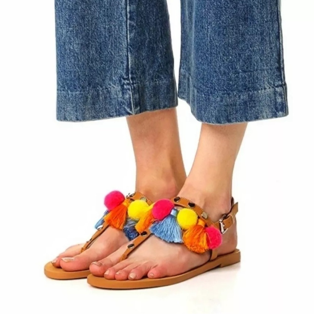 Rebecca Minkoff Rainbow Multicolor Tassel Pom-Pom Strappy Studded Sandals 9